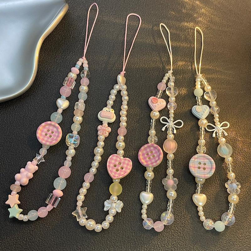 Women'S Korean Accessories - Niedliches koreanisches rosa 3D-Perlen-Handy-Lanyard mit Knopf,